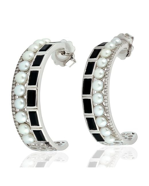 Artisan White Pearl, Onyx & Diamond Hoop Earrings