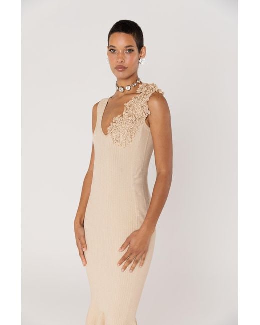 Andreeva Natural Neutrals Chrysanthemum Metallic Knit Dress With Handmade Emroidery