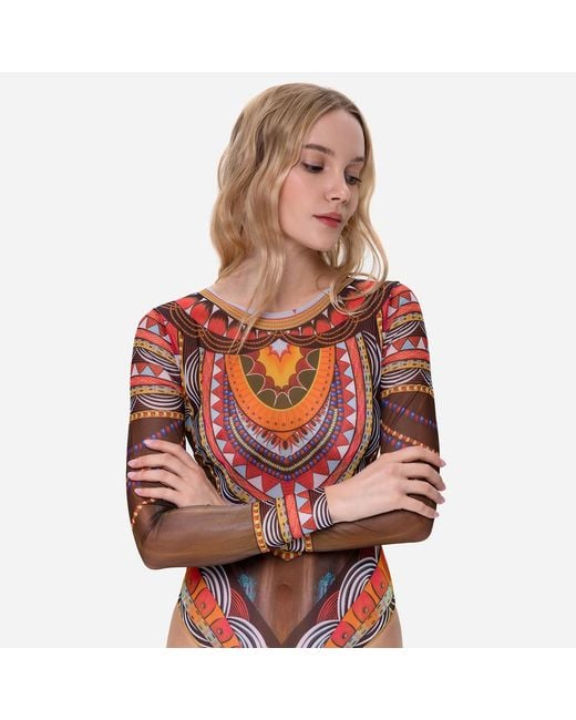 Rodasoleil Smart Swimwear Brown Tan-Through Mesh One-Piece Swimsuit With Sleeves Africa