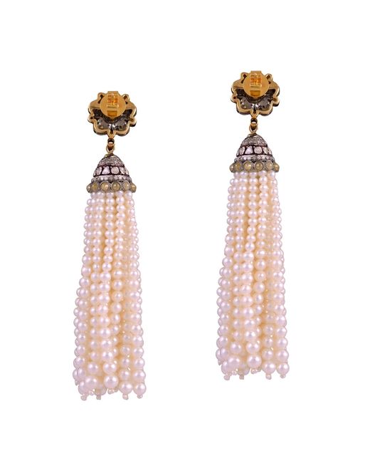 Artisan Pink 18k Gold & 925 Silver In Pave Diamond With Pearl Flower Beaded Tassel Dangle Earrings