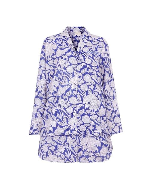 NoLoGo-chic Blue Hand Block Printed Cotton Pj Shorts Set