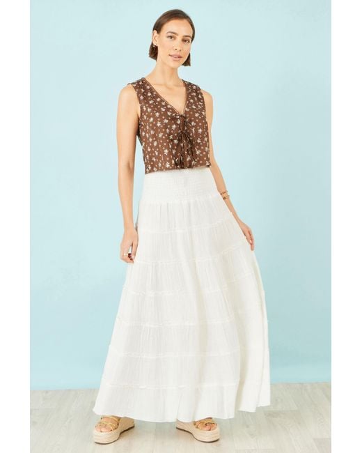 Yumi' White Double Cotton Tiered Boho Maxi Skirt