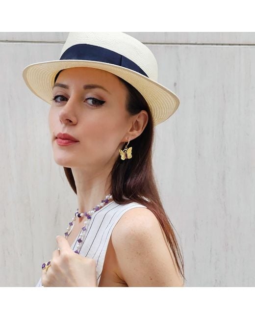 Farra Metallic Butterfly With Amethyst Stone Dangle Earrings