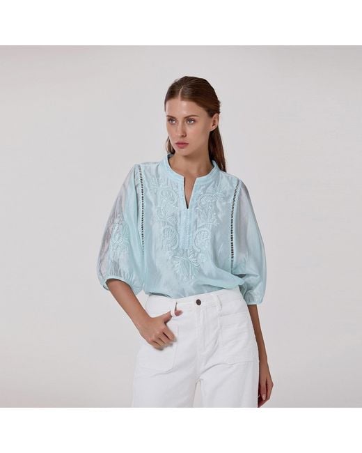 Smart and Joy Orange Embroidered Tencel-Blend Blouse