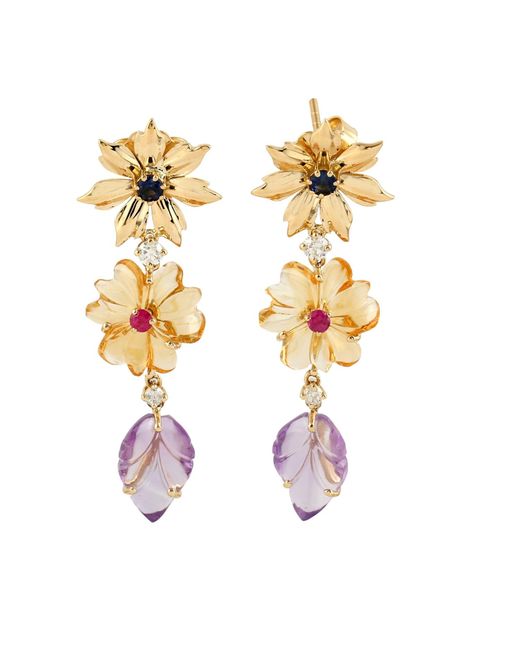 Artisan Metallic 18k Gold In Carved Mix Stone & Ruby With Blue Sapphire Pave Diamond Unique Floral Dangle Earrings