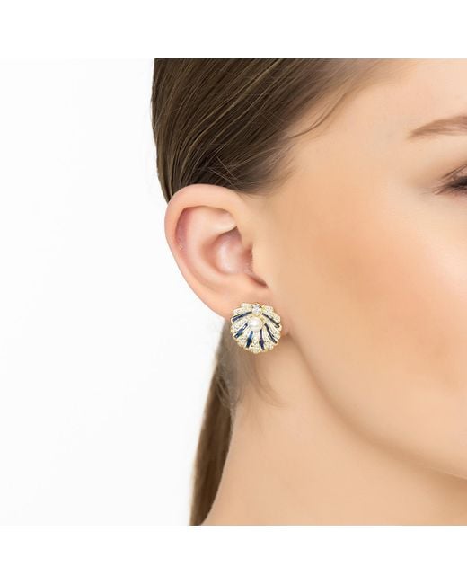 Latelita London Metallic Art Deco Scallop Shell Earrings Sapphire With Pearl