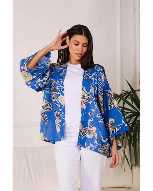 Artemis Muse Blue Electric Dynastic Bird Print Light Weight Kimono