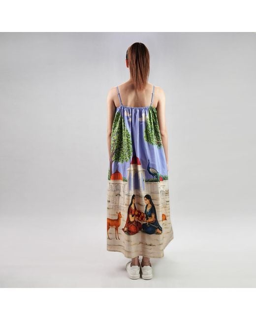 DHARA SHETH DUBAI Blue Saanjh Heritage Art Print Spaghetti Strap Cotton Maxi Dress