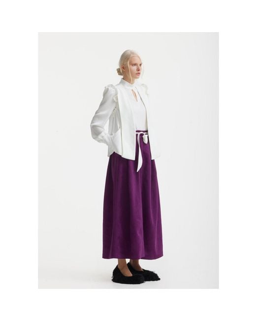 Julia Allert White Neutrals Designer Satin Blouse With Bishop Sleeves And Stand Collar –