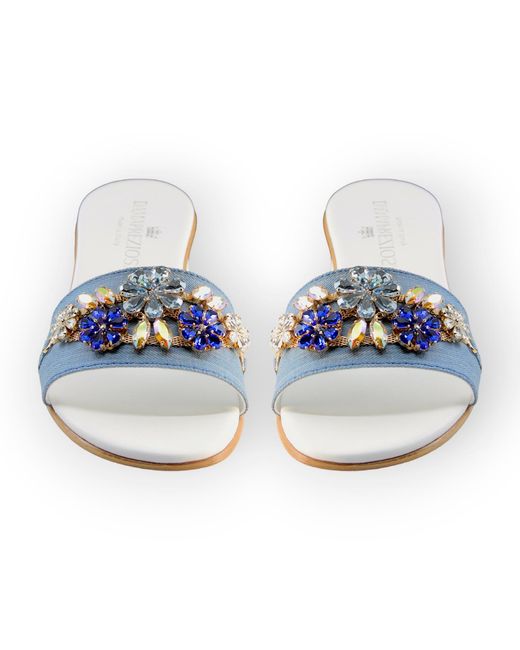 DAMAPREZIOSA Blue Flora Denim Mule Sandals With Sapphire Crystals