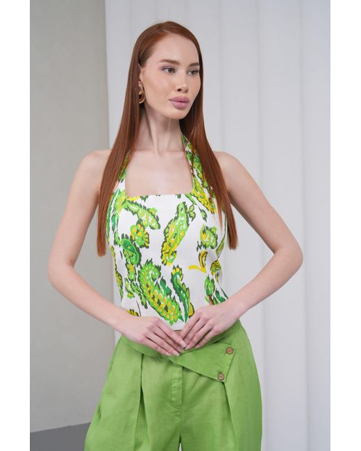 Lumina Eligma Green The Halterline Linen Blouse