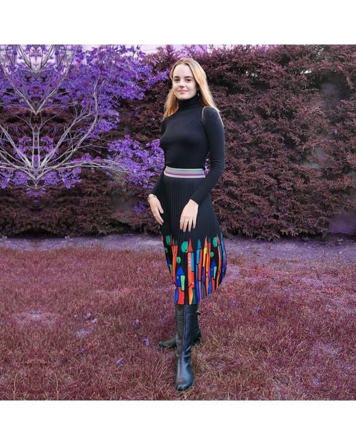 Lalipop Design Black Midi Pleated Skirt With Colorful House Prints