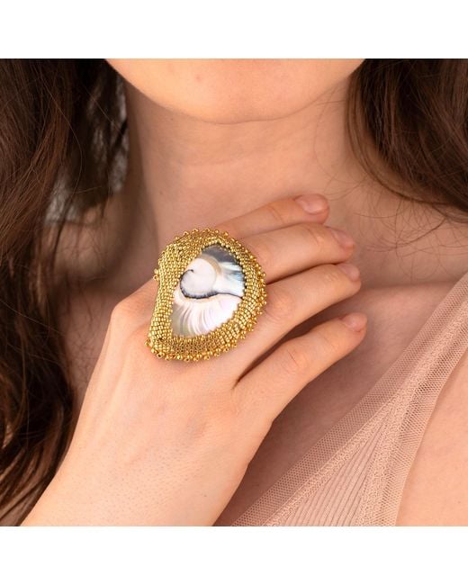 Oana Savu Metallic Hand Beaded Nautilus Shell Ring Adjustable Sterling