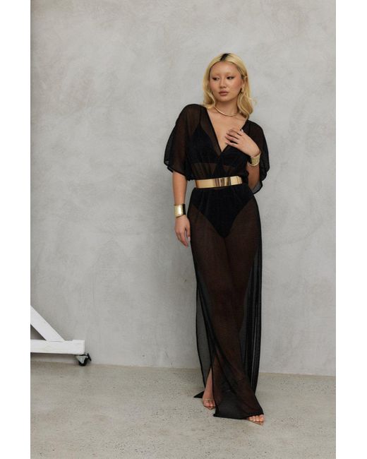 Why Mary Black Aphrodite Sheer Lurex Maxi Dress