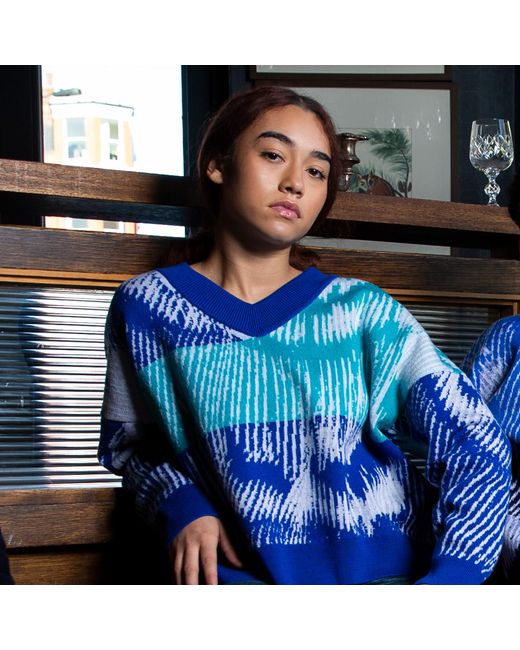 Essien & Emre Blue Aves Merino Wool Colour Block Jumper Sky
