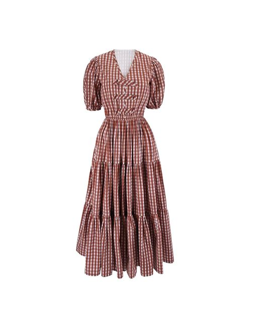 Echo of Pink Red Charlotte Gingham Hand Block Print Cotton Midi Dress