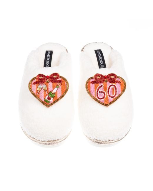 Laines London Red Neutrals Teddy Closed Toe Slippers With 60Th Stripe Heart Birthday Brooches