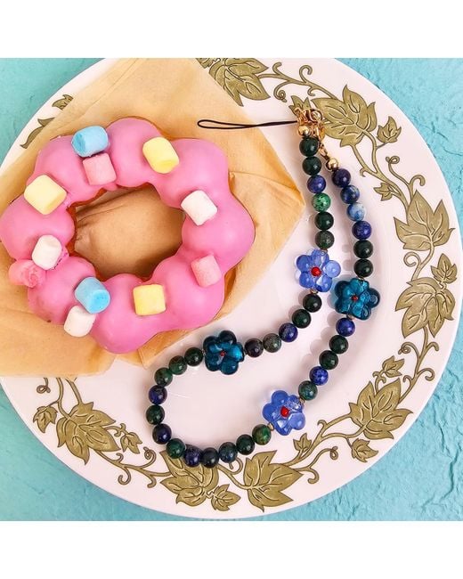 Farra Blue Phoenix Lapis Gemstone With Flowers Phone Semiprecious Stone Strap