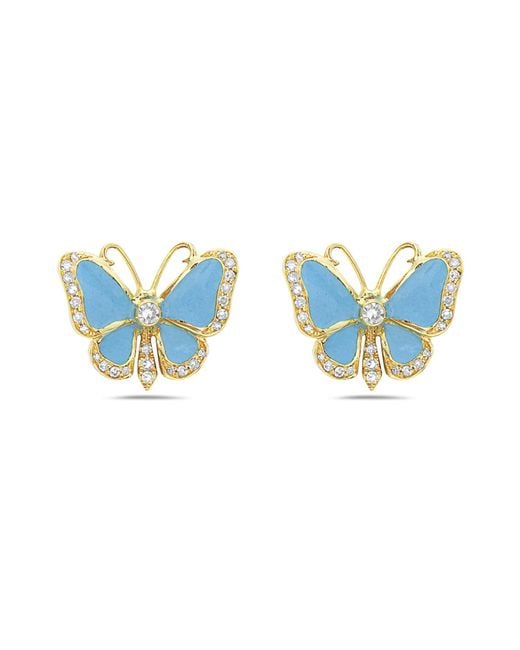 Artisan Blue 18k Yellow Gold With Bezel Set Diamond Enamel Butterfly Shape Stud Earrings