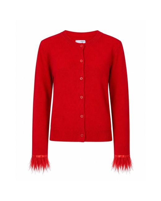 Ats the Label Red Nemi Feather Trim Knit Cardigan