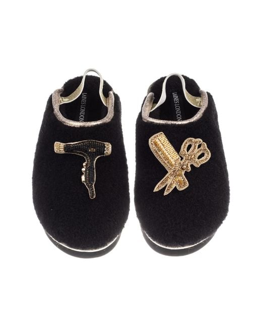 Laines London Black Flatform Cloud Closed Toe Slippers With Hairdresser Brooches