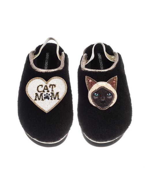 Laines London Black Flatform Cloud Slippers With Siamese Cat & Cat Mum Mom Brooches