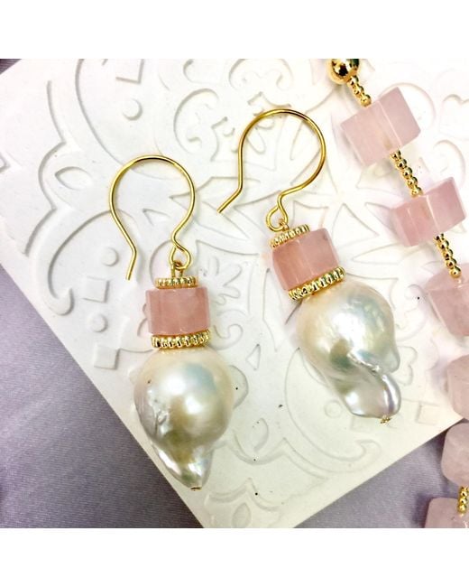 Farra White Freshwater Pearl With Rose Quartz Hoop Earrings