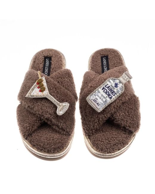 Laines London Brown Neutrals Laines Neutral Boucle Slippers With Vodka Martini Brooches