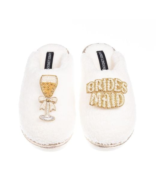 Laines London White Neutrals Teddy Closed Toe Slippers With Bridesmaid Brooches
