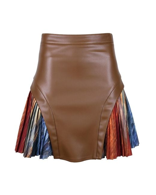 Lalipop Design Brown Mini Skirt With Pleated Digital Print Inserts And Vegan Leather Panels
