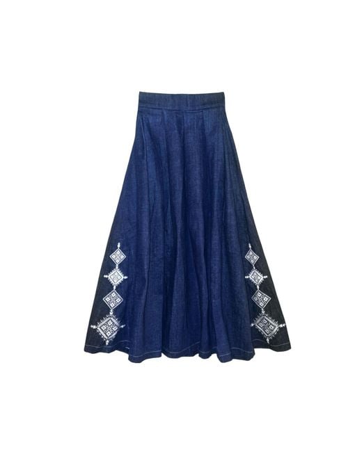 L2R THE LABEL Blue Dark Embellished Emberloom Denim Maxi Skirt