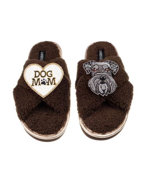 Laines London Brown Neutrals Laines Neutral Boucle Slippers With Ernie The Schnauzer & Dog Mum Mom Brooches