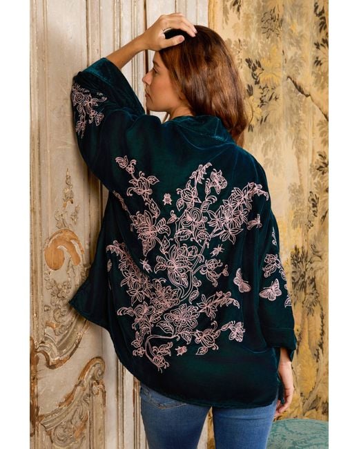 Artemis Muse Blue Wild Flowers & Butterflies & Velvet Embroidered Short Kimono