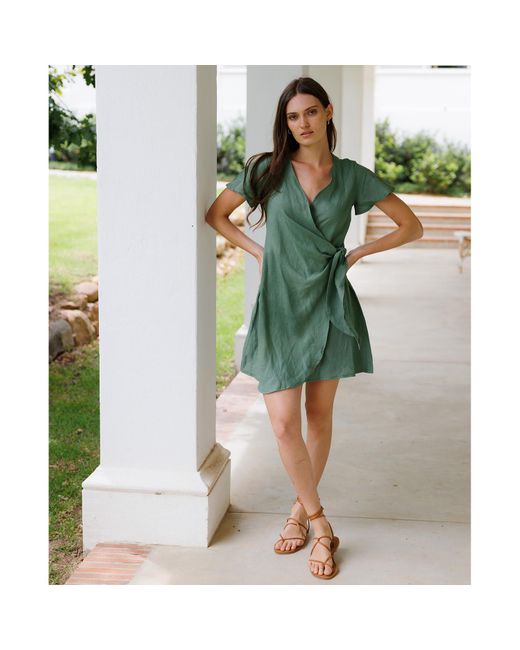 Larsen and Co Green Pure Linen Lucca Wrap Dress In Sea