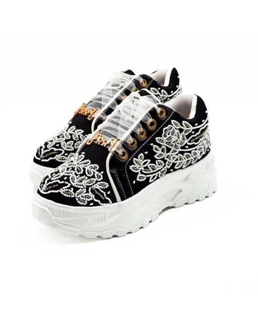 Rettrose Black Iska Luxury Satin Handmade Embellished Trainers