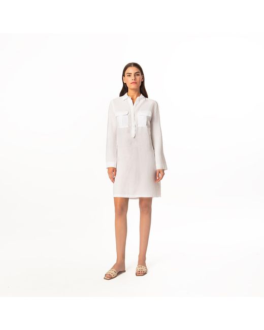 Haris Cotton White Long Sleeved Linen Shirt Dress With Front Pockets