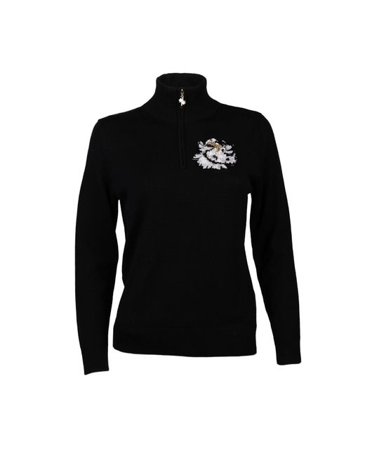 Laines London Black Laines Couture Quarter Zip Jumper With Embellished & White Peony