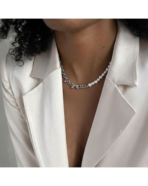 Potoska Metallic Link Pearl Necklace