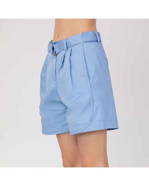 Smart and Joy Blue Neutrals Buckle And Front Pleats Cotton Shorts