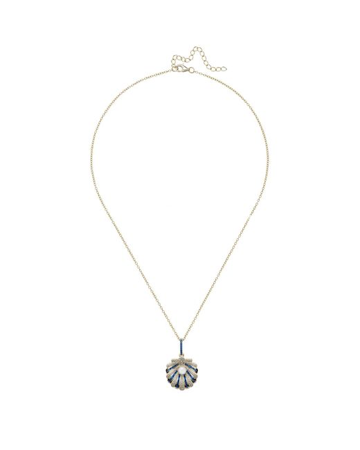 Latelita London Metallic Art Deco Scallop Shell Pendant Necklace Sapphire With Pearl