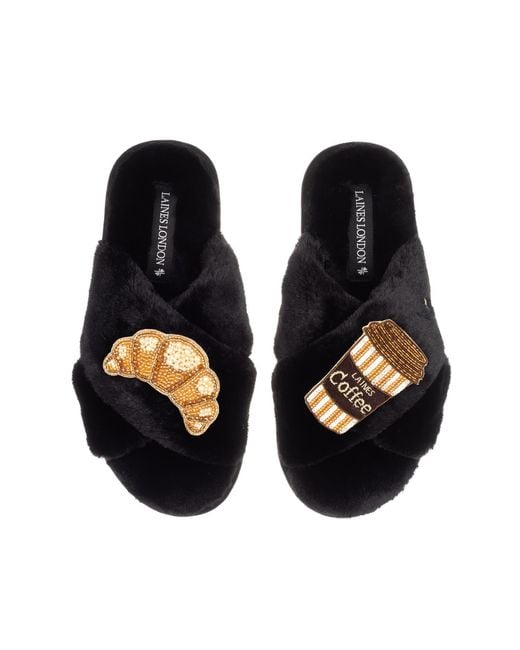 Laines London Black Classic Laines Slippers With Coffee Cup & Croissant Brooches