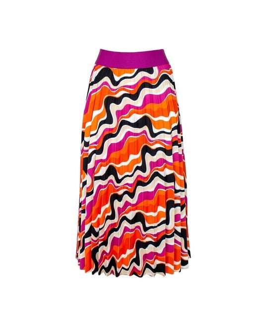 Lalipop Design Red Half-Circle Pleated Midi Skirt With Colorful Wavy Print
