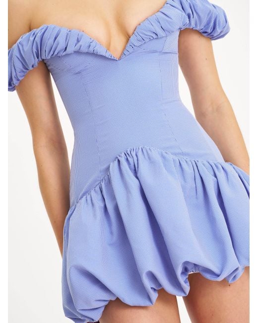 Miss Circle New York Blue Sablee Checkered Puffy Off Shoulder Trim Bubble Hem Mini Dress