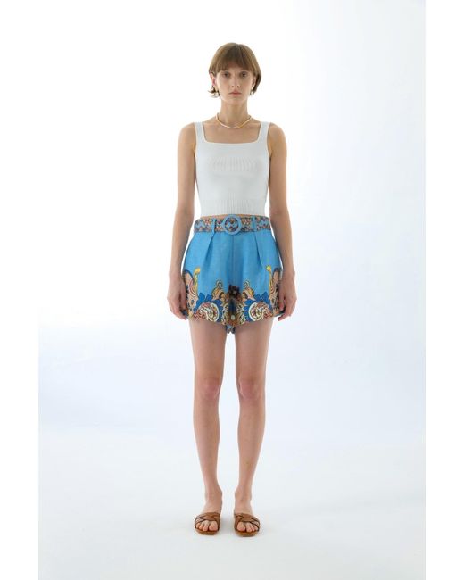 We Are Kindred Blue Evelyn Linen Belt Shorts-Aquamarine Floral