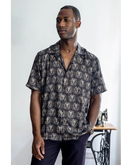 Stovaria Black Twill Silk Shirt – Soft Baroque Bull Print Statement for men
