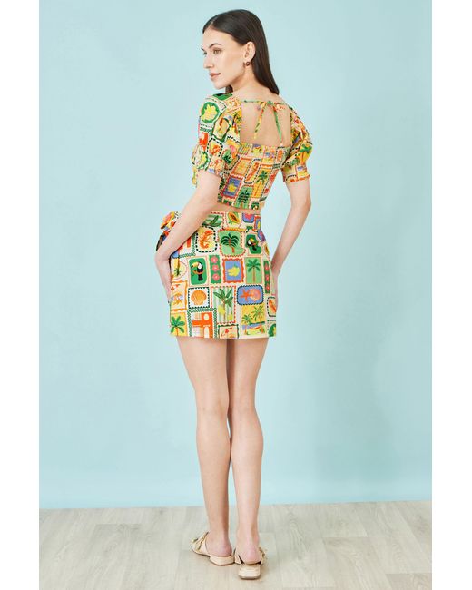 Yumi' Yellow Multicolour Cropped Shirred Cotton Postcard Print Top