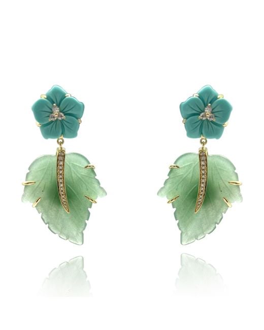 Michael Nash Jewelry Flower Earrings With Jade Leaf Drop in Green