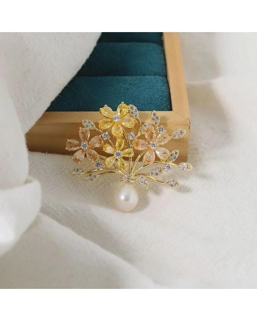 Angel Barocco Metallic Vintage Floral Zircon & Pearl Brooch