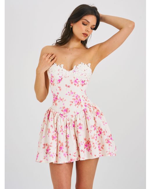 Miss Circle New York Pink Samara Floral Drop Waist Linen Corset Puffy Mini Dress