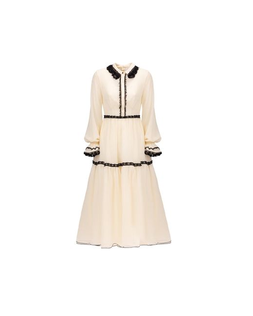 Georgette Natural Neutrals Cream Lace Trim Midi Dress